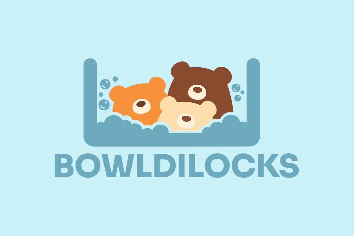The Bowldilocks logo on light blue: three bears in a blue washing-up bowl full of suds, above the wordmark