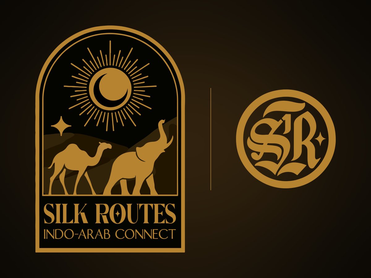 The Indo-Arab Connect emblem, a camel and an elephant under a crescent sun in a gold arch, beside the Silk Routes S·R monogram