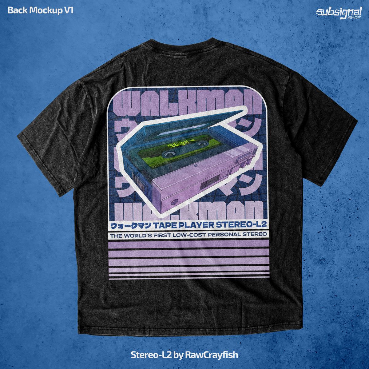 Stereo-L2 tee back: a large illustrated tape player framed by stacked type