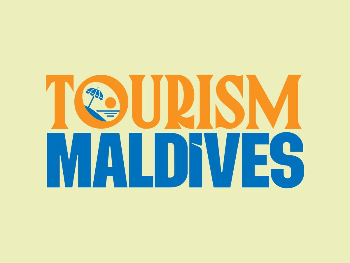The Tourism Maldives masthead: an orange serif TOURISM whose O frames a beach umbrella and a setting sun, above a heavy blue MALDIVES