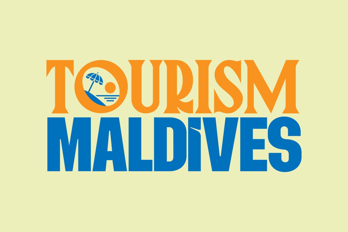 The Tourism Maldives masthead in orange and ocean blue on pale sand